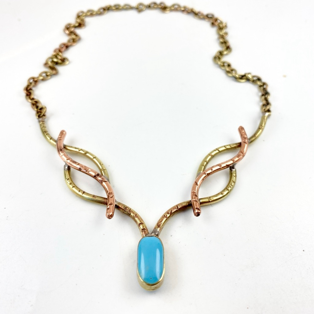 Vintage Celtic Brutalist Art Copper Sleeping Beauty Turquoise Statement Necklace